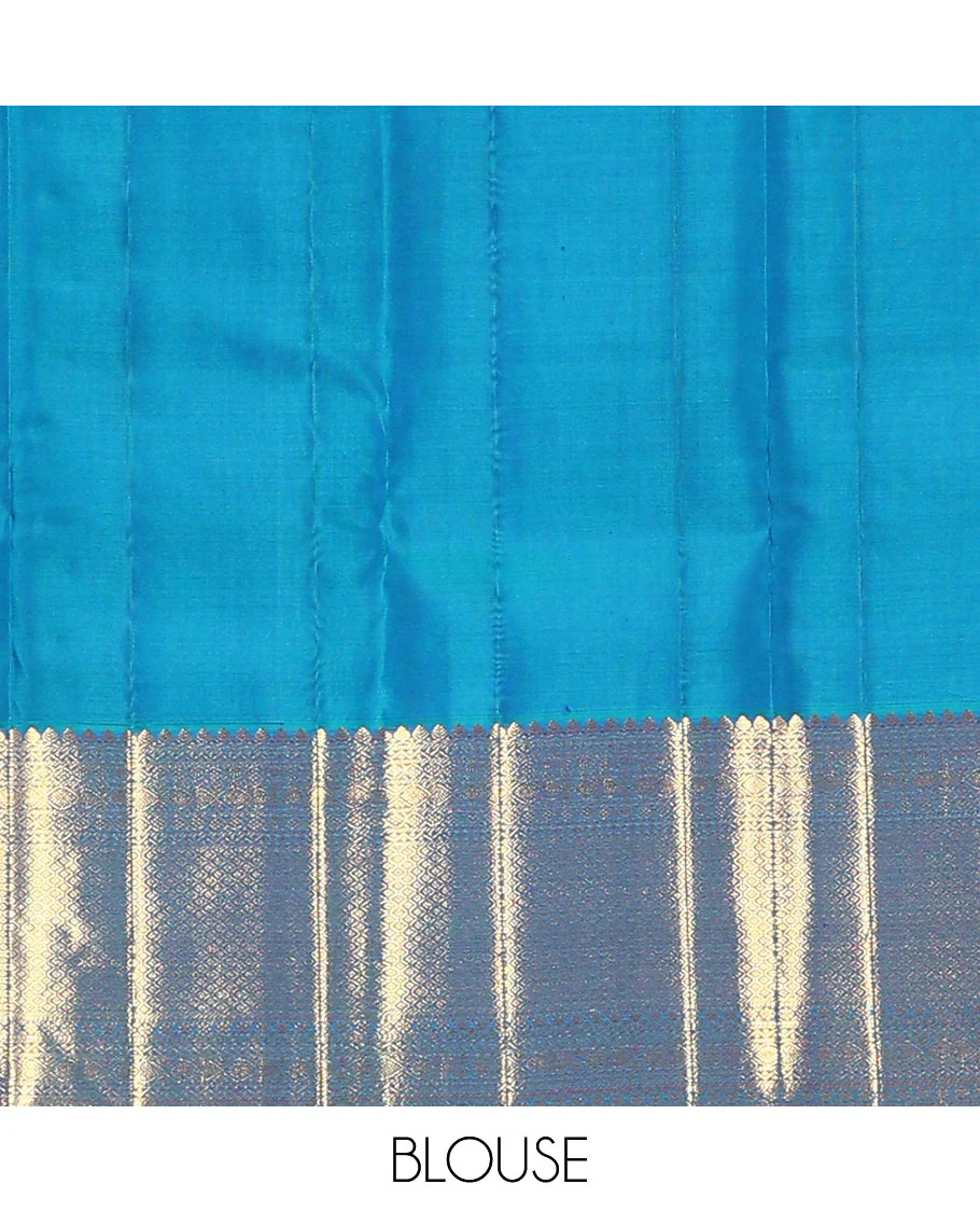 Blue jacquard kanchipuram silk saree, zari border of thilakam mokku, neli, kodi visiry, jada nagam, and jaal designs, and jaal pallu - Image 6