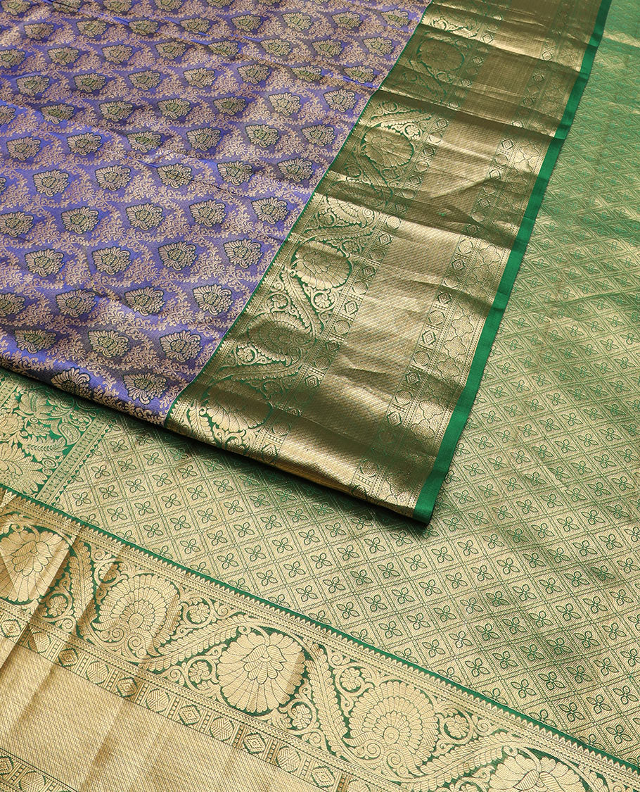 Blue jacquard Kanchipuram wedding silk saree, contrast border of rekku, kathir, dhavana kodi, rudraksham, and diamond designs, and jaal pallu - Image 2