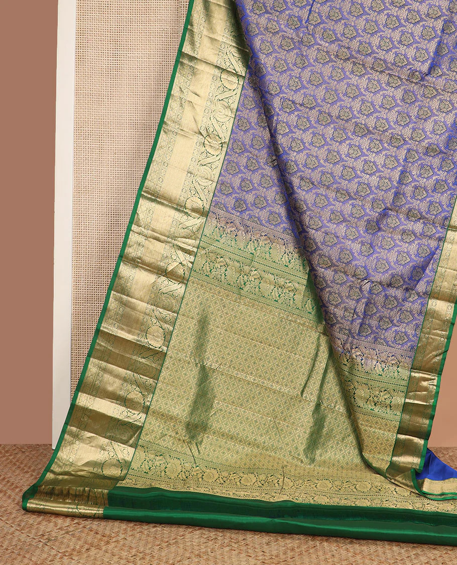 Blue jacquard Kanchipuram wedding silk saree, contrast border of rekku, kathir, dhavana kodi, rudraksham, and diamond designs, and jaal pallu - Image 3