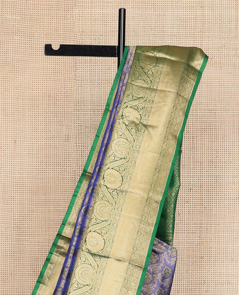 Blue jacquard Kanchipuram wedding silk saree, contrast border of rekku, kathir, dhavana kodi, rudraksham, and diamond designs, and jaal pallu - Image 4