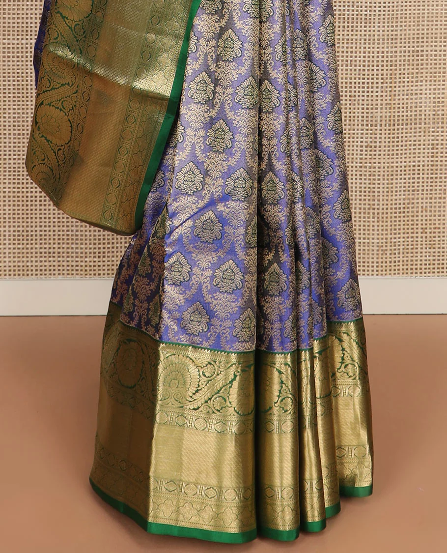Blue jacquard Kanchipuram wedding silk saree, contrast border of rekku, kathir, dhavana kodi, rudraksham, and diamond designs, and jaal pallu - Image 5