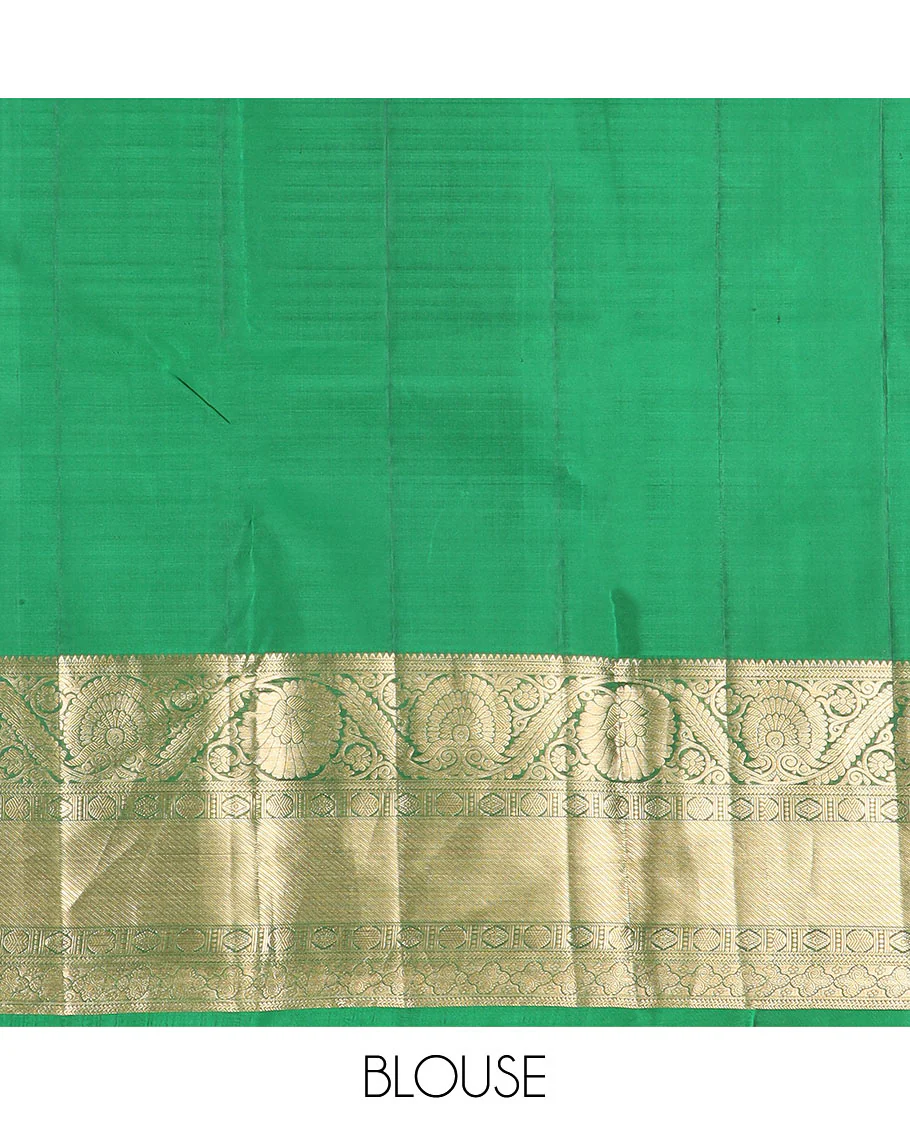 Blue jacquard Kanchipuram wedding silk saree, contrast border of rekku, kathir, dhavana kodi, rudraksham, and diamond designs, and jaal pallu - Image 6