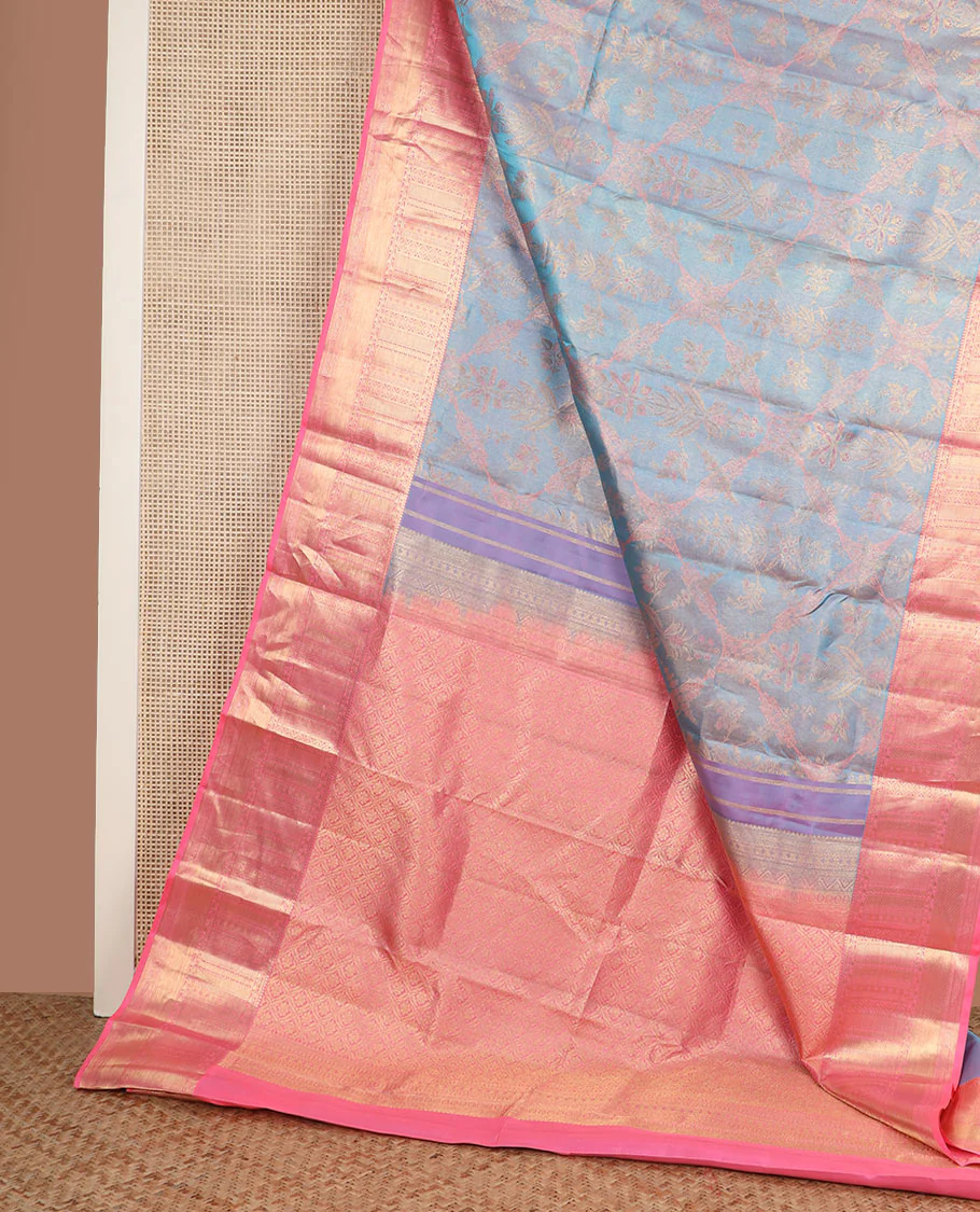 Blue jacquard Kanchipuram wedding silk saree, contrast border of thilakam, banaras, neli, kathir, mayil kann, and diamond designs, and jaal pallu - Image 3