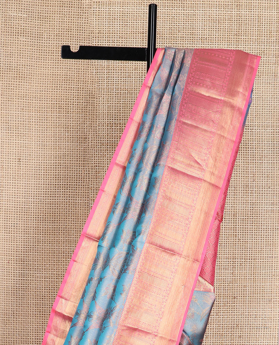 Blue jacquard Kanchipuram wedding silk saree, contrast border of thilakam, banaras, neli, kathir, mayil kann, and diamond designs, and jaal pallu - Image 4