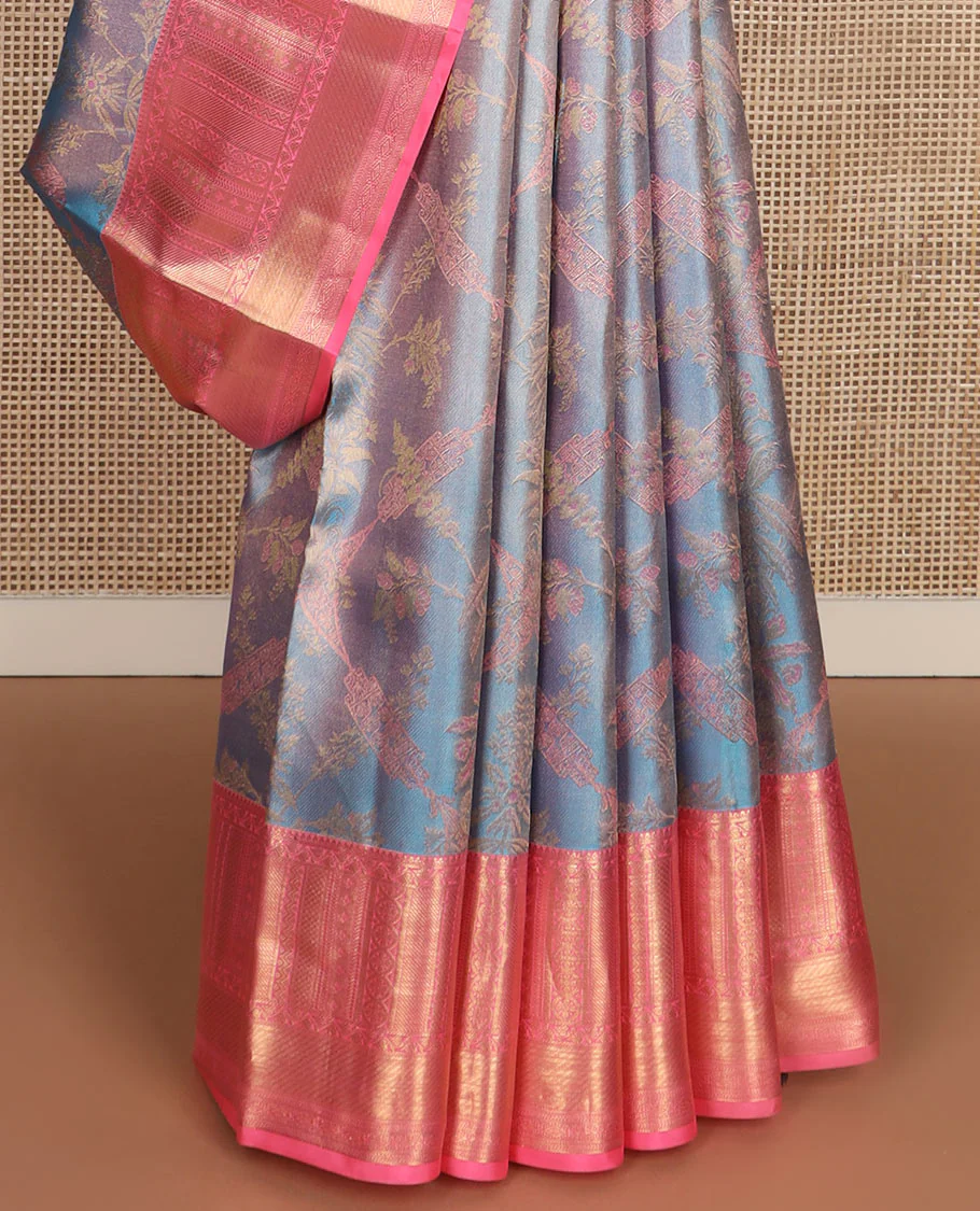 Blue jacquard Kanchipuram wedding silk saree, contrast border of thilakam, banaras, neli, kathir, mayil kann, and diamond designs, and jaal pallu - Image 5
