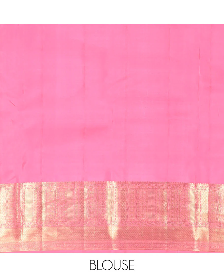 Blue jacquard Kanchipuram wedding silk saree, contrast border of thilakam, banaras, neli, kathir, mayil kann, and diamond designs, and jaal pallu - Image 6