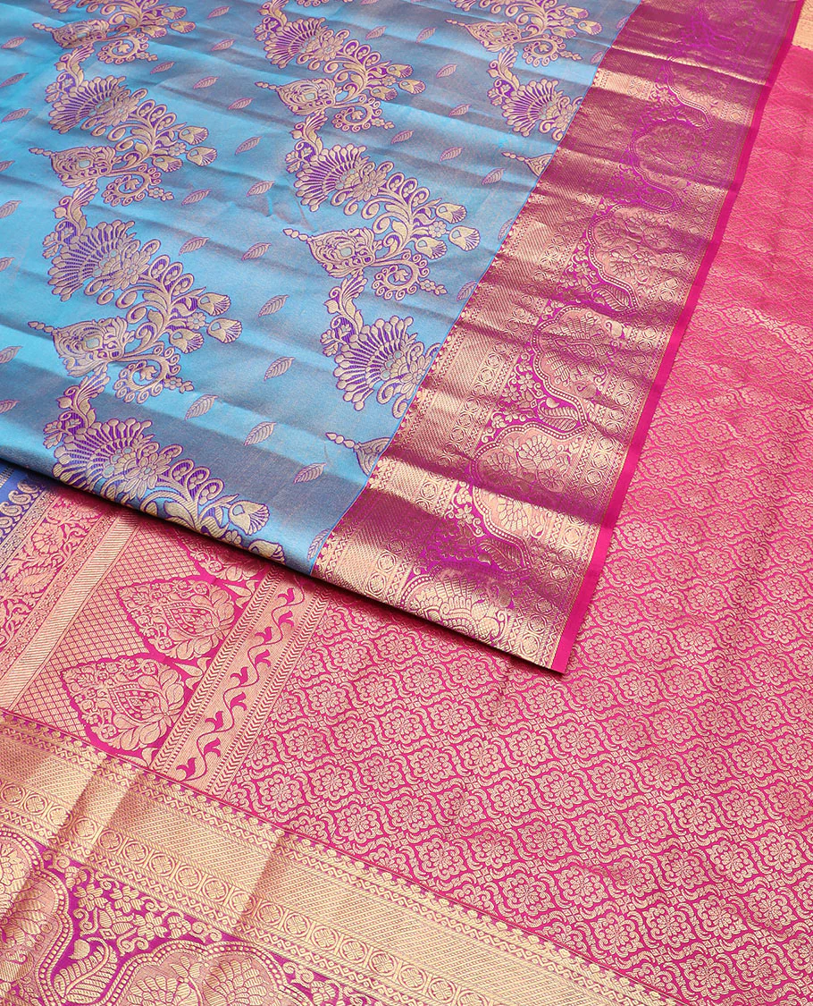 Blue jacquard Kanchipuram wedding silk saree, contrast intricately designed zari border, and Mughal-style intricate pallu - Image 2