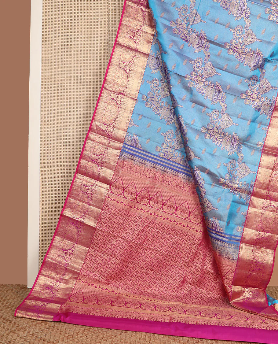 Blue jacquard Kanchipuram wedding silk saree, contrast intricately designed zari border, and Mughal-style intricate pallu - Image 3