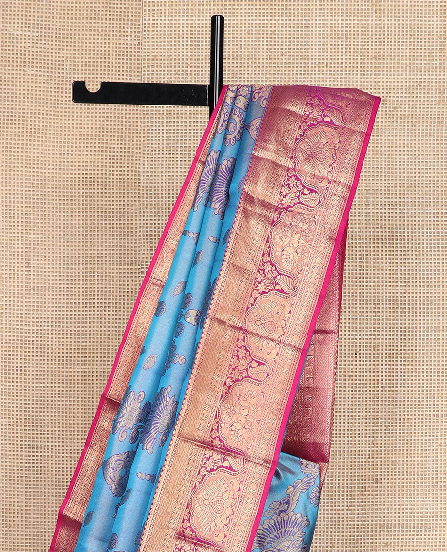 Blue jacquard Kanchipuram wedding silk saree, contrast intricately designed zari border, and Mughal-style intricate pallu - Image 4