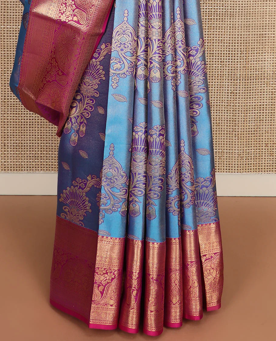 Blue jacquard Kanchipuram wedding silk saree, contrast intricately designed zari border, and Mughal-style intricate pallu - Image 5