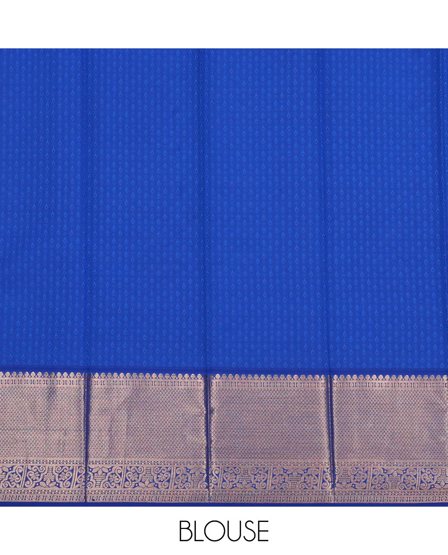 Blue jacquard Kanchipuram wedding silk saree, contrast traditional zari design border, and jaal pallu - Image 3