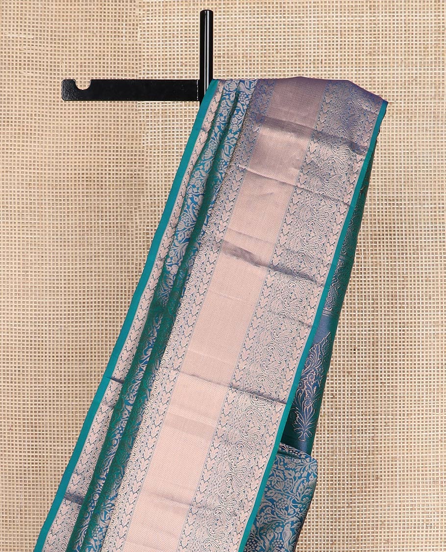 Blue jacquard Kanchipuram wedding silk saree, zari border of rekku, muthu, manga, and mayil kan designs, and intricate zari pallu - Image 4