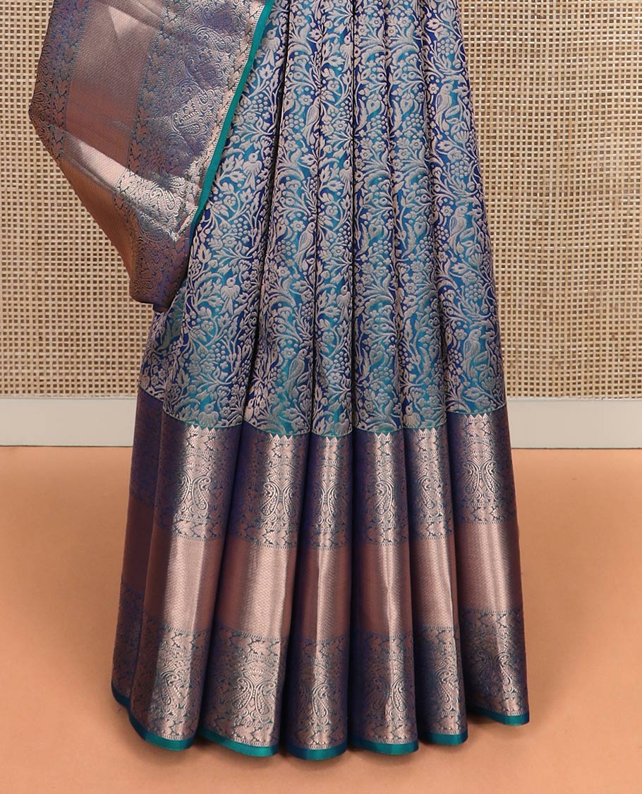 Blue jacquard Kanchipuram wedding silk saree, zari border of rekku, muthu, manga, and mayil kan designs, and intricate zari pallu - Image 5