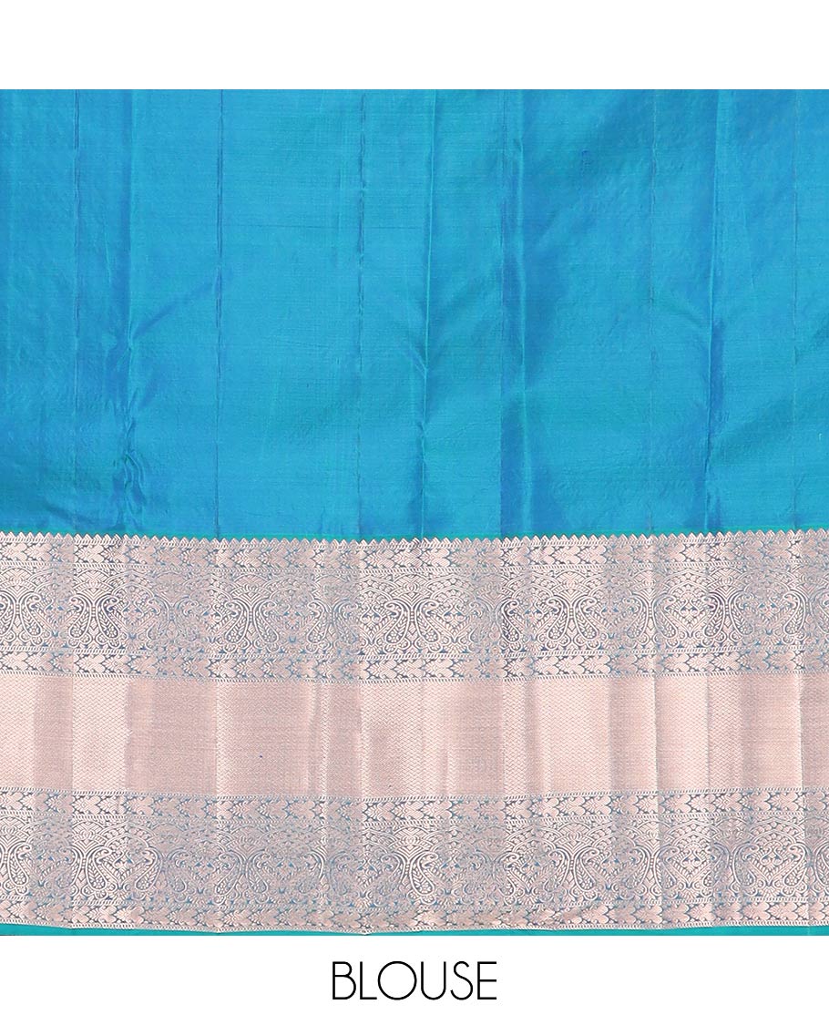 Blue jacquard Kanchipuram wedding silk saree, zari border of rekku, muthu, manga, and mayil kan designs, and intricate zari pallu - Image 6