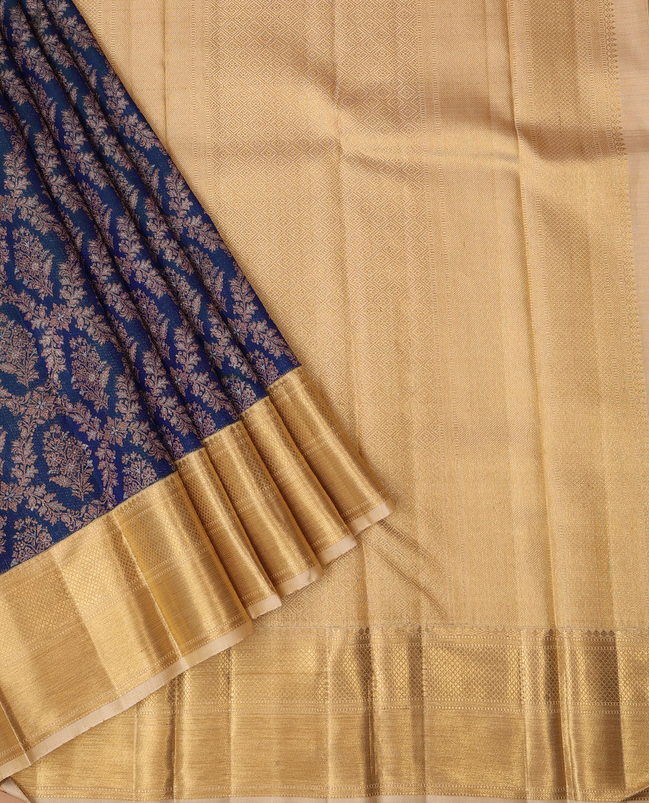 Blue jacquard Samudrika silk saree, contrast border of thilakam mokku,muthu,kathir & kuyil kann design & jaal pallu - Image 2