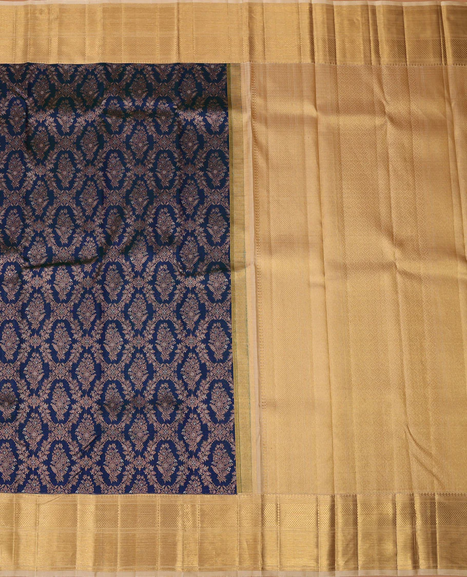 Blue jacquard Samudrika silk saree, contrast border of thilakam mokku,muthu,kathir & kuyil kann design & jaal pallu - Image 3