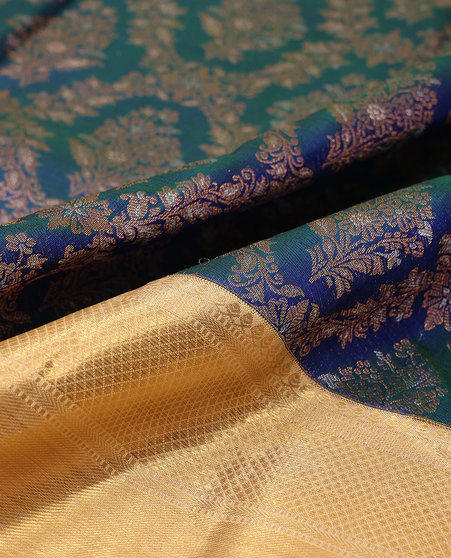 Blue jacquard Samudrika silk saree, contrast border of thilakam mokku,muthu,kathir & kuyil kann design & jaal pallu - Image 6