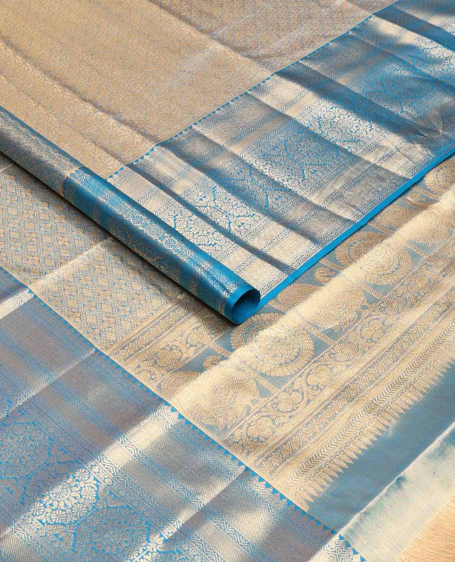Blue jacquard tissue silk saree, self-pallu of jaal & mayil chakram & zari border of thilakam mokku, neli kathir, jaal & chakram designs - Image 2