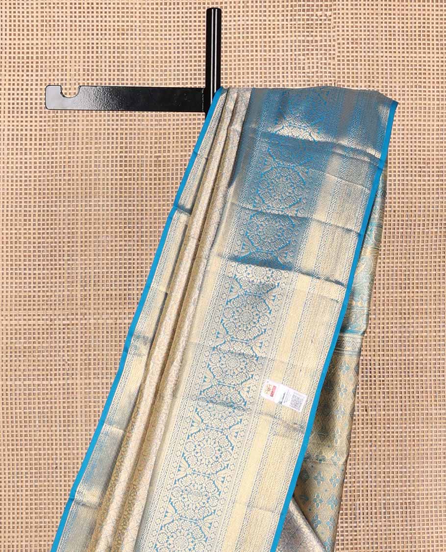 Blue jacquard tissue silk saree, self-pallu of jaal & mayil chakram & zari border of thilakam mokku, neli kathir, jaal & chakram designs - Image 4