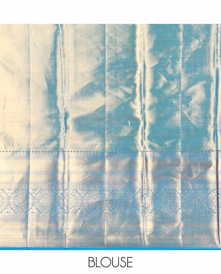 Blue jacquard tissue silk saree, self-pallu of jaal & mayil chakram & zari border of thilakam mokku, neli kathir, jaal & chakram designs - Image 6