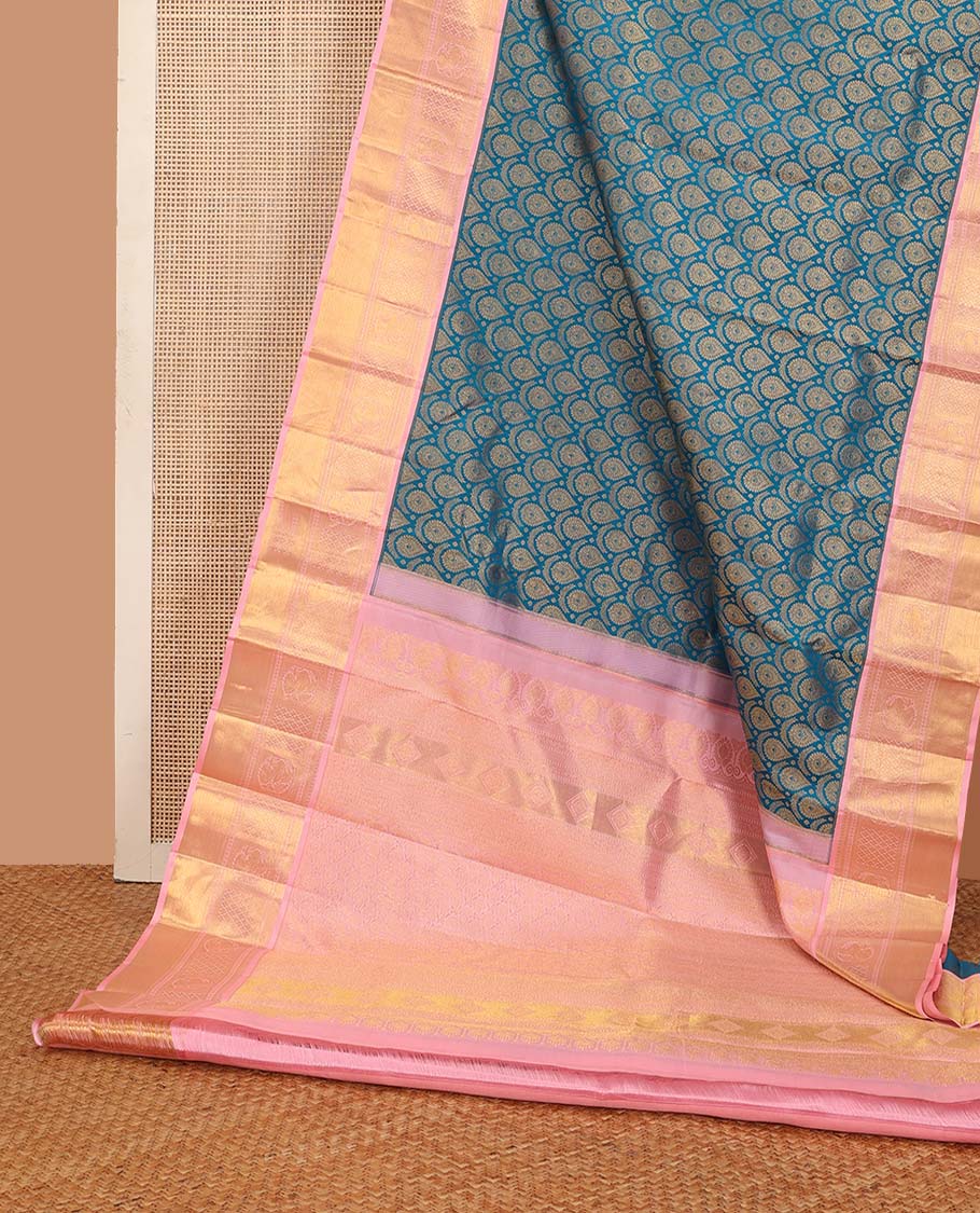 Blue jacquard wedding silk saree, contrast zari border of neli, banaras, jaal, and mayil designs, and floral design pallu - Image 3