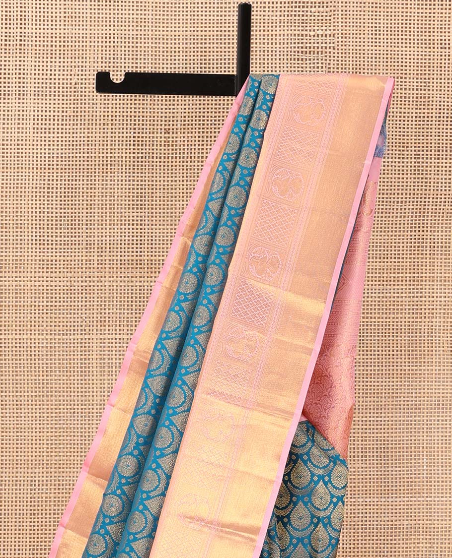 Blue jacquard wedding silk saree, contrast zari border of neli, banaras, jaal, and mayil designs, and floral design pallu - Image 4