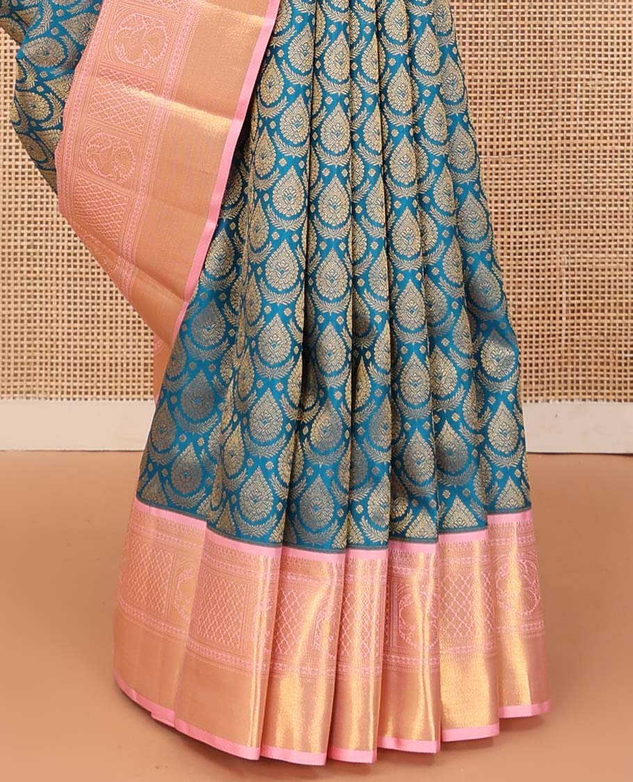 Blue jacquard wedding silk saree, contrast zari border of neli, banaras, jaal, and mayil designs, and floral design pallu - Image 5
