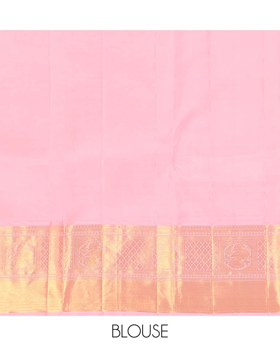 Blue jacquard wedding silk saree, contrast zari border of neli, banaras, jaal, and mayil designs, and floral design pallu - Image 6