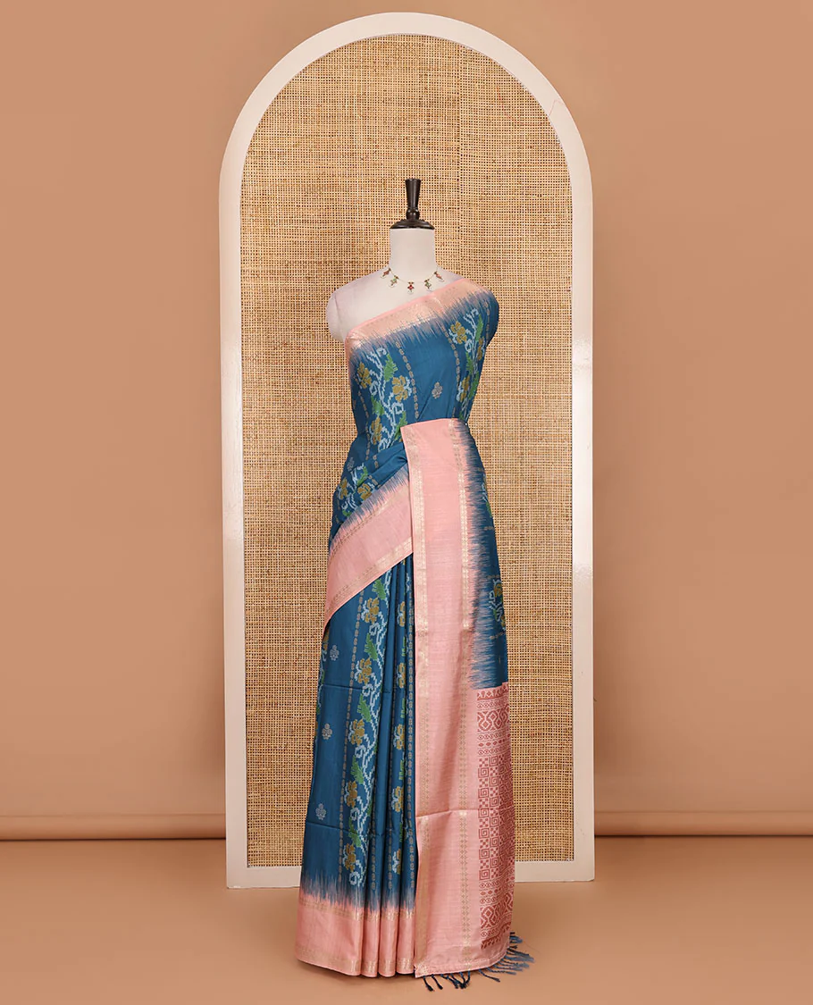 Blue Jamdani-style floral printed katan silk saree, contrast bentex border, geometric printed pallu, and contact printed blouse - Image 2