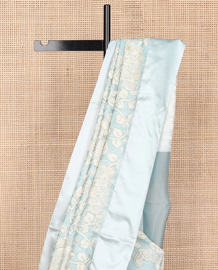 Blue kalamkari-style floral vine & peacock printed tussar saree with zari buttas, plain border & plain pallu - Image 4