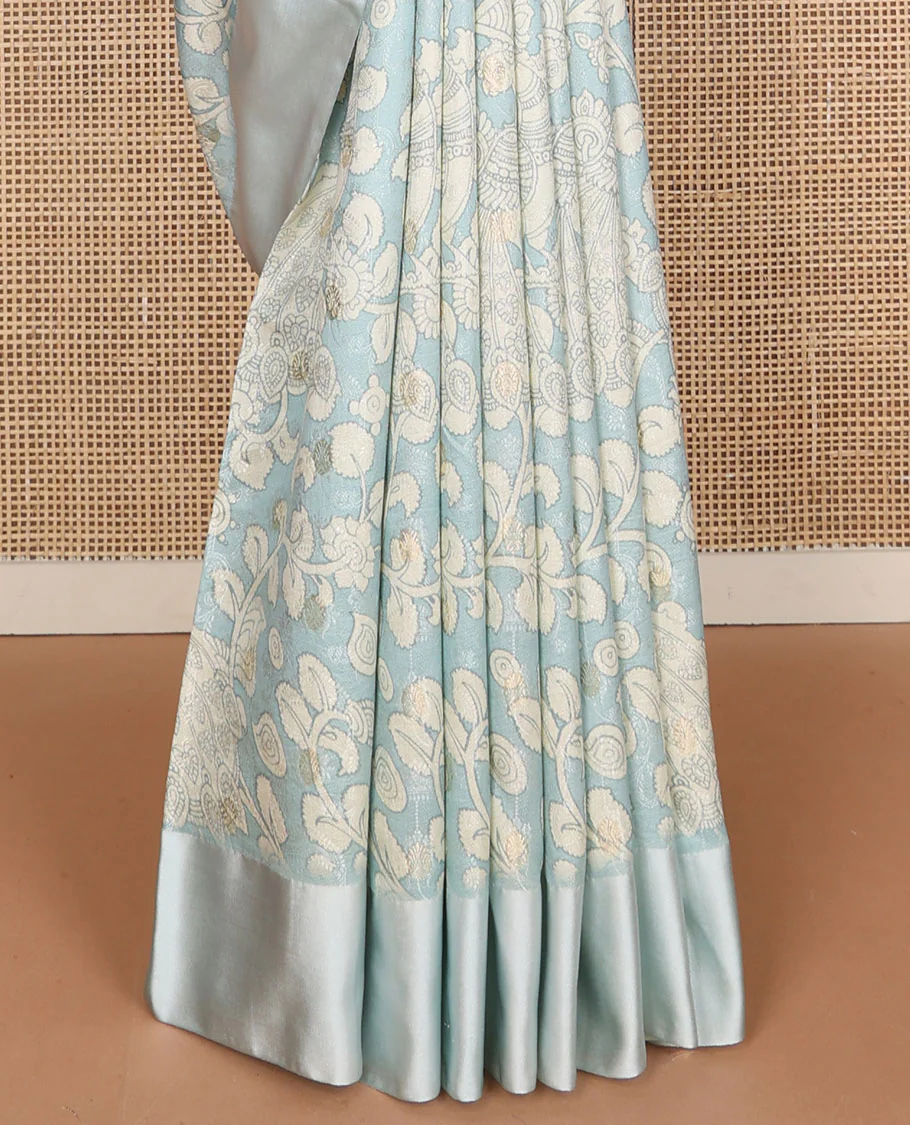 Blue kalamkari-style floral vine & peacock printed tussar saree with zari buttas, plain border & plain pallu - Image 5