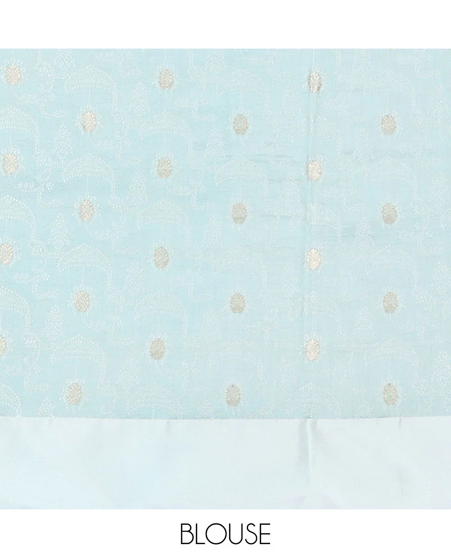 Blue kalamkari-style floral vine & peacock printed tussar saree with zari buttas, plain border & plain pallu - Image 6