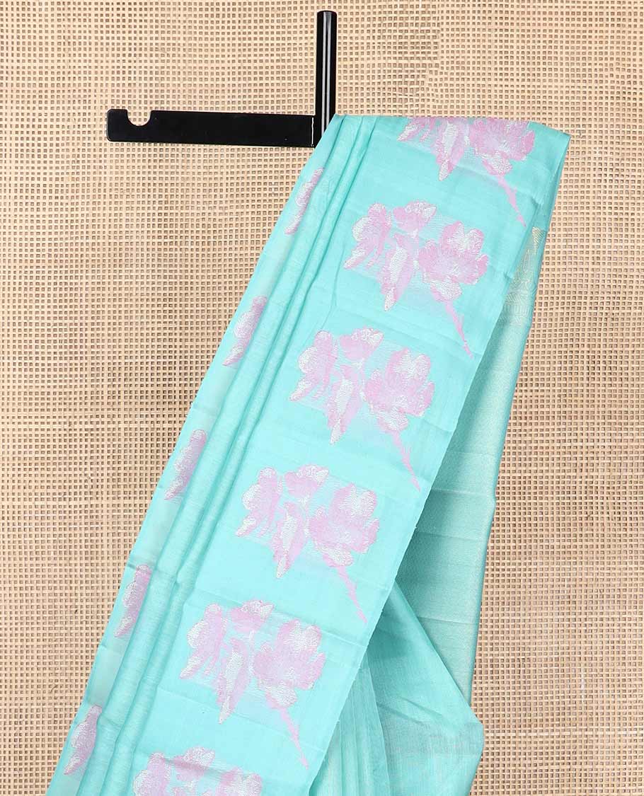 Blue kancheepuram silk saree with self floral design border & checked design pallu - Image 4