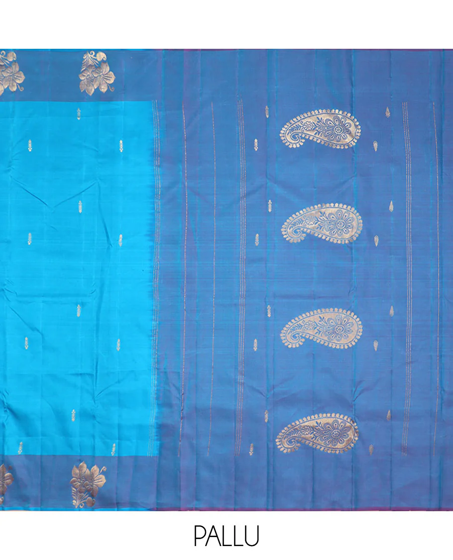 Blue Kanchipuram Silk Saree Featuring Zari Buttas, Complemented by a Contrast Border of Floral Motifs, a Subtle Pallu Woven with Floral Zari Designs, and Paired with a Contrast Blouse - Image 5