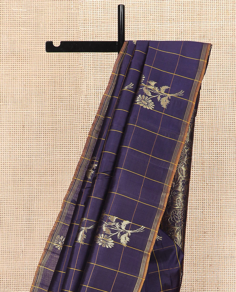 Blue Kanchipuram Silk Saree Highlighted with Floral Buttas Enclosed in Checks, Adorned with a Contrast Piping Border, Pallu Depicting Rose Florals in Zari, Saree Paired with a Matching Blouse - Image 3