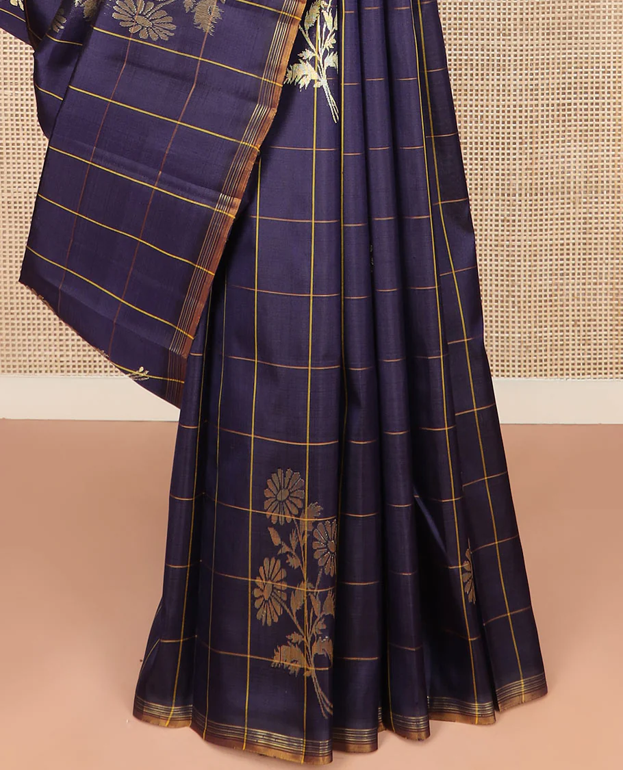Blue Kanchipuram Silk Saree Highlighted with Floral Buttas Enclosed in Checks, Adorned with a Contrast Piping Border, Pallu Depicting Rose Florals in Zari, Saree Paired with a Matching Blouse - Image 4