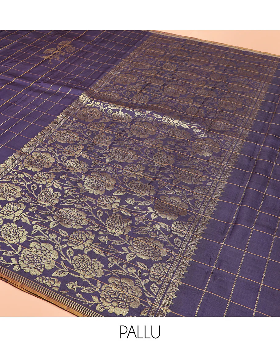 Blue Kanchipuram Silk Saree Highlighted with Floral Buttas Enclosed in Checks, Adorned with a Contrast Piping Border, Pallu Depicting Rose Florals in Zari, Saree Paired with a Matching Blouse - Image 5