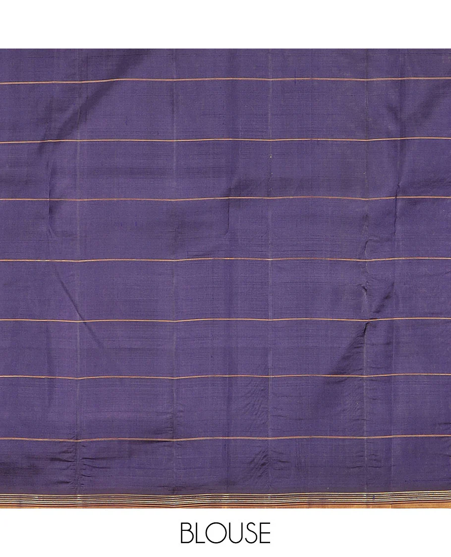 Blue Kanchipuram Silk Saree Highlighted with Floral Buttas Enclosed in Checks, Adorned with a Contrast Piping Border, Pallu Depicting Rose Florals in Zari, Saree Paired with a Matching Blouse - Image 6