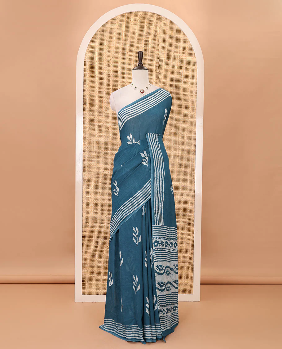 Blue leaf batik printed georgette saree, batik-printed striped border, floral-geometric batik printed pallu & batik printed blouse - Image 2
