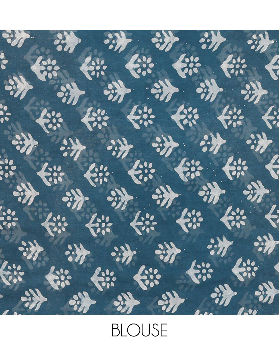 Blue leaf batik printed georgette saree, batik-printed striped border, floral-geometric batik printed pallu & batik printed blouse - Image 4