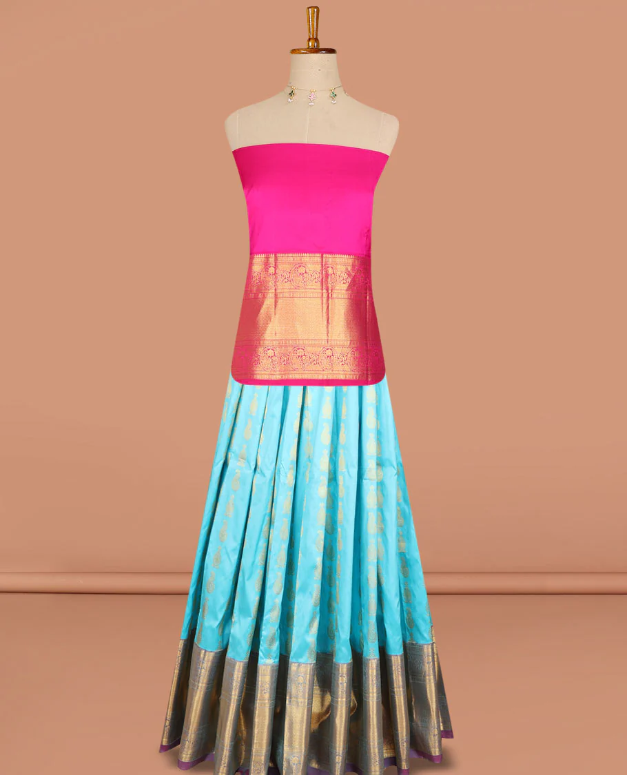 Blue leaf buttas pure silk half saree with contrast intricate zari design border, zari design blouse & floral zari design dhavani - Image 3