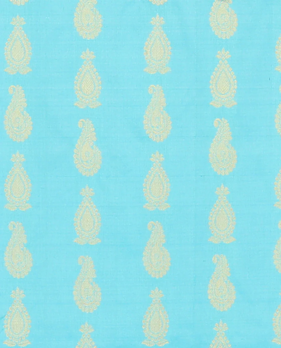 Blue leaf buttas pure silk half saree with contrast intricate zari design border, zari design blouse & floral zari design dhavani - Image 4