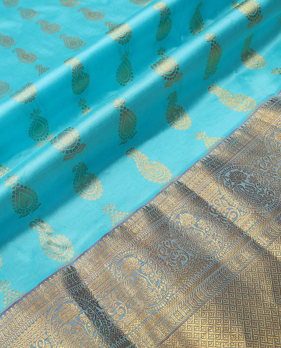 Blue leaf buttas pure silk half saree with contrast intricate zari design border, zari design blouse & floral zari design dhavani - Image 7