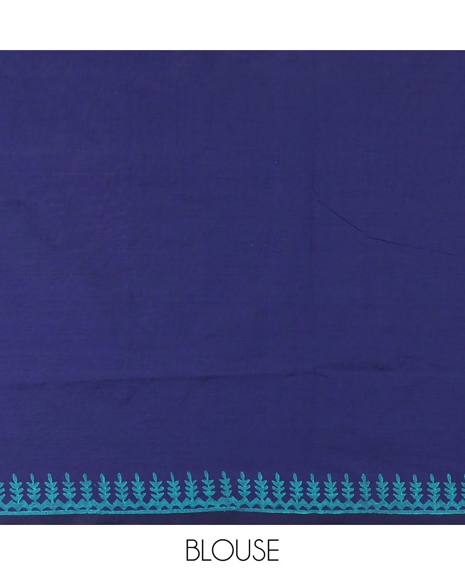 Blue leaf-motif block-printed South cotton saree, floral motif block-printed border, a printed pallu with a matching blouse, and a contrast printed blouse - Image 5