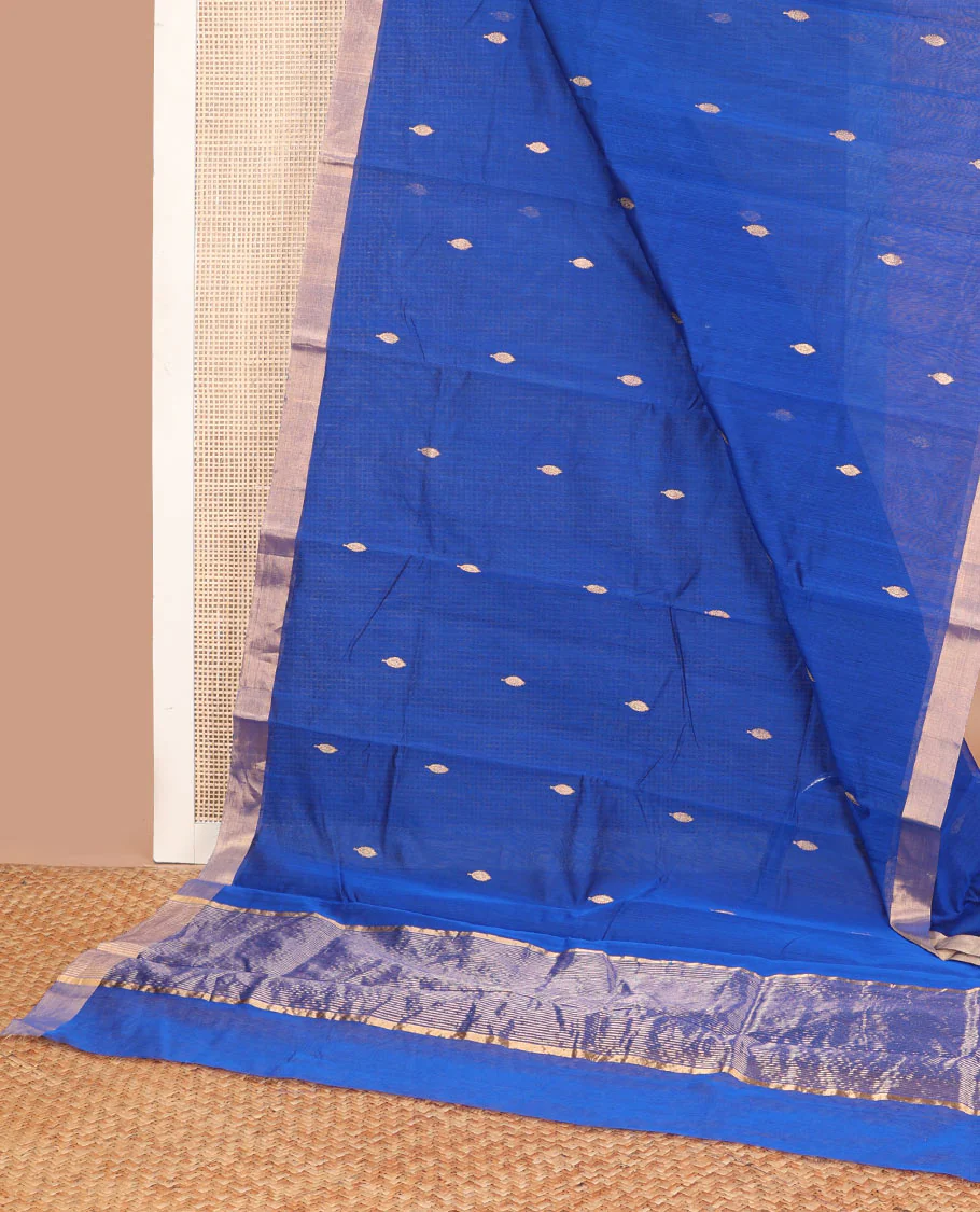 Blue leaf motifs chanderi cotton saree with contrast zari border & striped pallu - Image 2