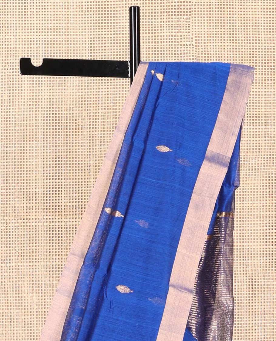 Blue leaf motifs chanderi cotton saree with contrast zari border & striped pallu - Image 3