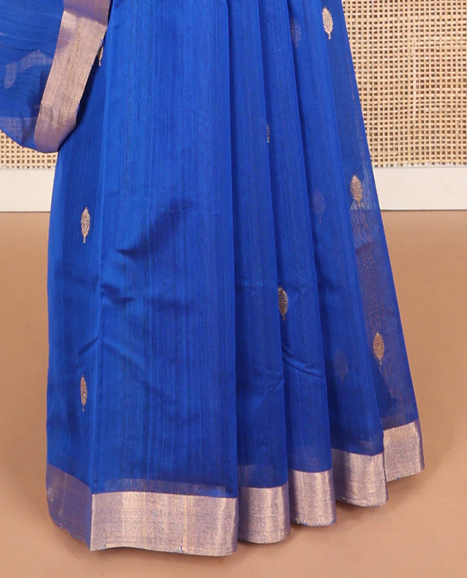 Blue leaf motifs chanderi cotton saree with contrast zari border & striped pallu - Image 4