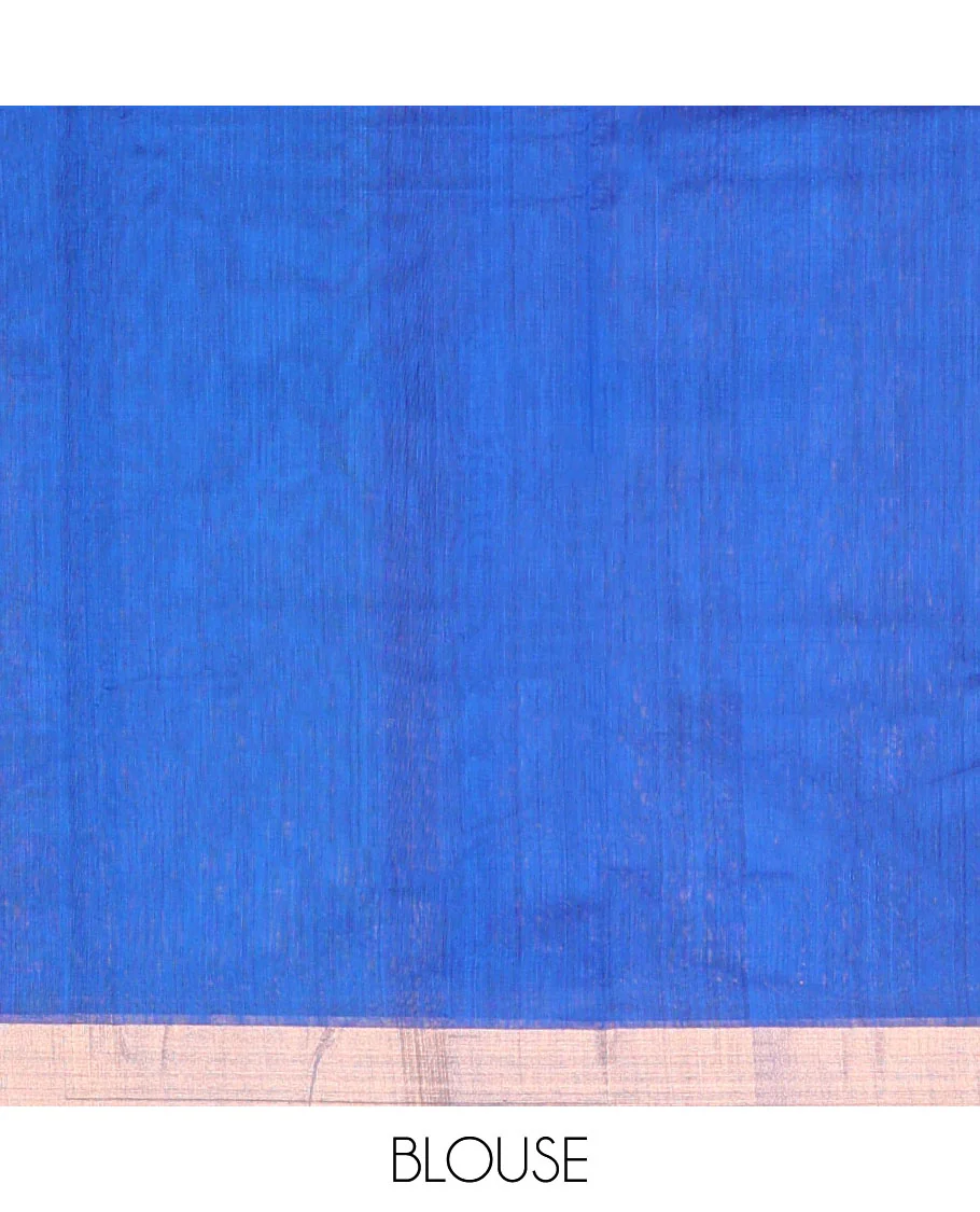 Blue leaf motifs chanderi cotton saree with contrast zari border & striped pallu - Image 5
