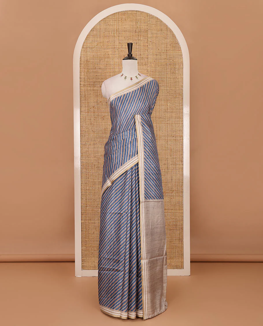 Blue lehariya-style striped semi-tussar saree, contrast resham thread triangle motifs border, diamond printed pallu & contrast printed blouse - Image 2