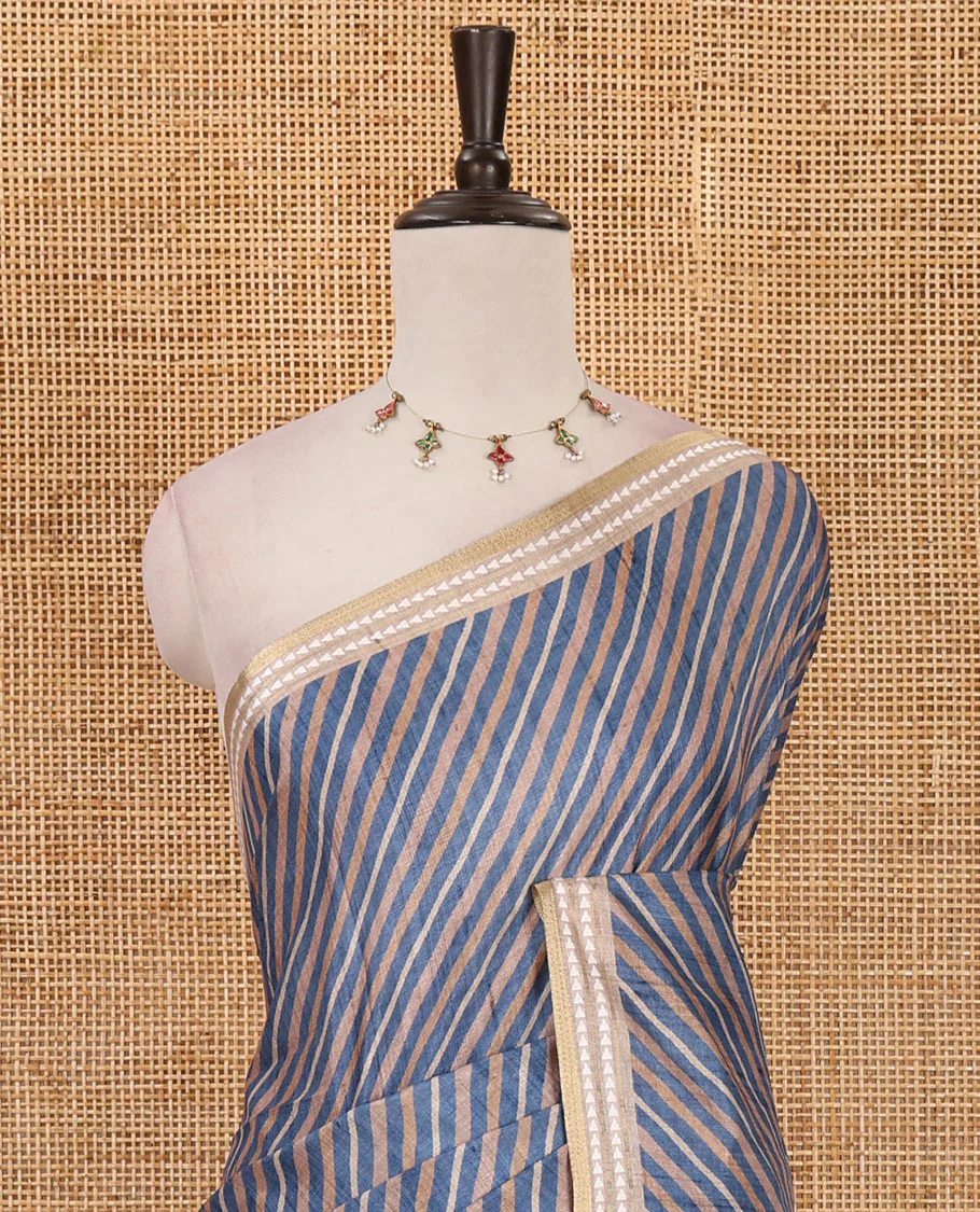 Blue lehariya-style striped semi-tussar saree, contrast resham thread triangle motifs border, diamond printed pallu & contrast printed blouse - Image 3